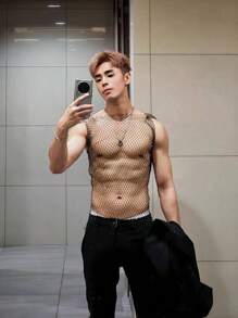 1pc Men's Sequined Sexy Sheer Mesh Hollow-Out Strap Vest Top, Clubwear, Party Outfit, For Displaying Chest Muscles, Also Suitable For Women