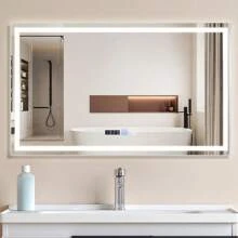 Espejo de baño iluminado - Espejo de baño LED de 100x60 cm, espejo de pared de baño IP44 con interruptor táctil y reloj, función de eliminación de vaho, regulable de 3000K a 6500K
