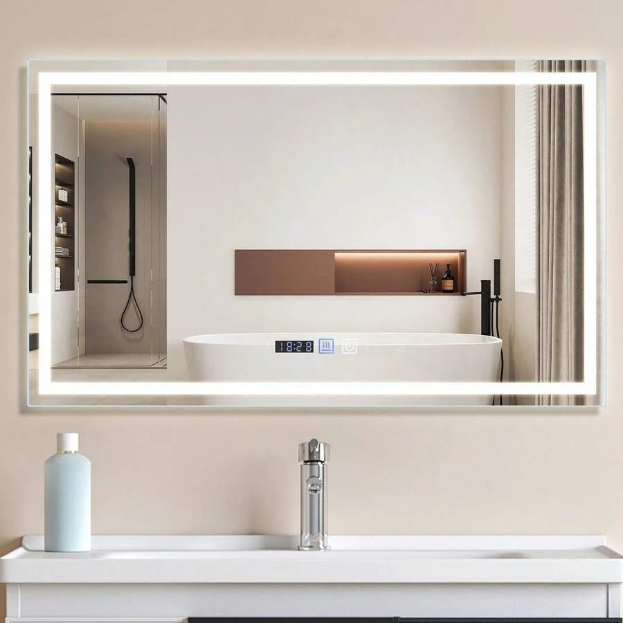 Espejo de baño iluminado - Espejo de baño LED de 100x60 cm, espejo de pared de baño IP44 con interruptor táctil y reloj, función de eliminación de vaho, regulable de 3000K a 6500K