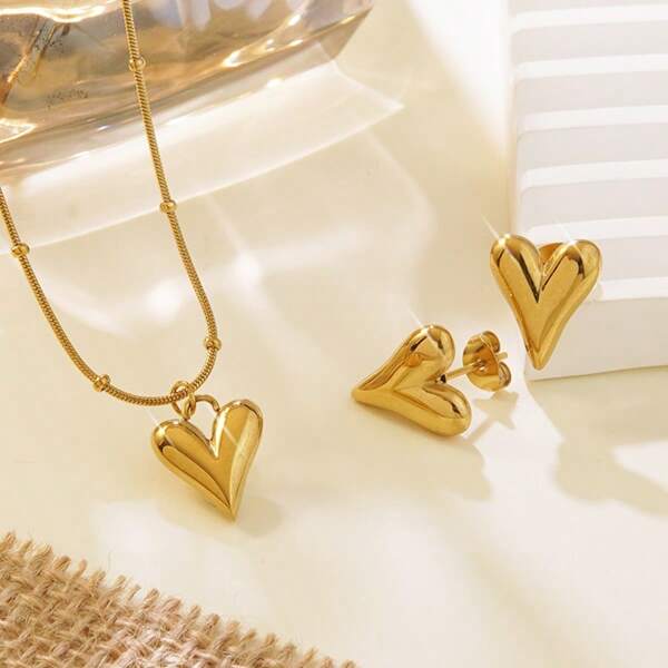 1 Set Fashionable Stainless Steel Heart Necklace And Earring Jewelry Set, Sweet And Warm Design Suitable For Women Wedding/Engagement, Or Gifting On Girlfriend's Day