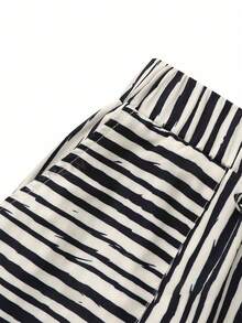 Striped Elastic Waistband Tapered Pants With Diagonal Pockets And Straps, Casual And Versatile, Women's Spring And Autumn Casual Drawstring, Pocket Natural Jogging Cut Black And White Striped Regular Fit Women's Pants, Casual Daily Wear - White - View 4