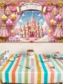 1pc Customizable Princess Birthday Party Banner With Name & Year, Pink Fairy Tale Castle Theme Backdrop Curtain, Back To School, Personalized Gift, Aesthetic - Multicolor - View 7