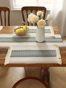 1 pieza Camino de mesa a rayas de estilo estadounidense retro, camino de mesa con flecos tejidos de doble color, apto para sala de estar, dormitorio, cocina, mesa de café, gabinete de TV, mantel con estampado de flores