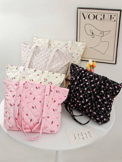 Bolsa Tote de Ombro de Viagem Curta com Padrão de Floral Miúdo, Acolchoada, com Zíper Bordado, Adequada para Ir e Vir do Trabalho