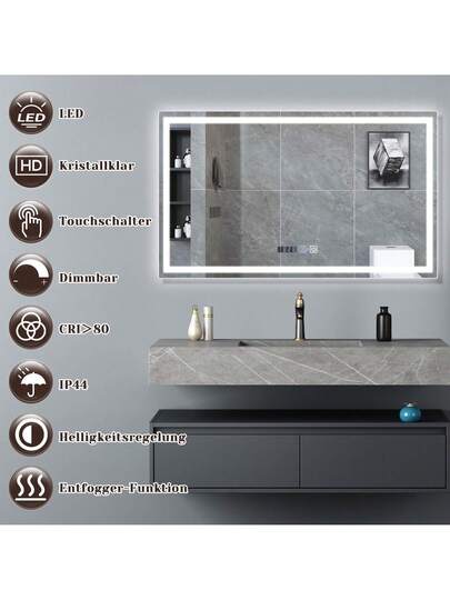 Bathroom Spiegel Illuminated LED 100x60cm Wand IP44 Touch Switch Klok Fog Removal Feature Dimmable 3000K 6500K Home Back To School Room Supplies view 6