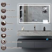 Espejo de baño iluminado - Espejo de baño LED de 100x60 cm, espejo de pared de baño IP44 con interruptor táctil y reloj, función de eliminación de vaho, regulable de 3000K a 6500K