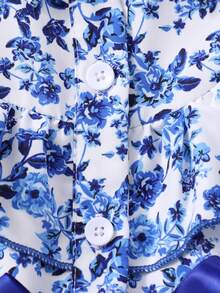 Young Girl Long Sleeve Floral Print Mesh Dress With Woven Belt - Navy Blue - View 4