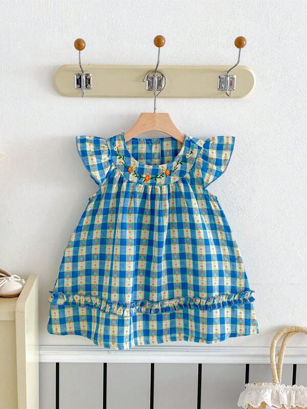 Summer Baby Girls Embroidered Floral & Plaid Print Dress