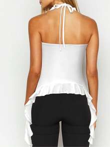 Women Spring/Summer Fashionable Simple Casual White Ruffle Tie-Neck Bow Knit Sweater - White - View 4