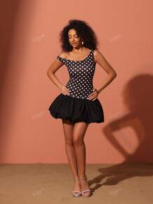 1 Peça Vestido Casual de Tecido Tricotado com Babado na Barra Assimétrico/Assimétrico com Estampa de Poá, Adequado para Praia, Noite, Encontros, Streetwear, todas as estações