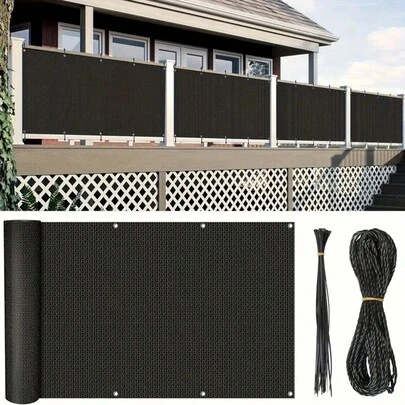 黑色防紫外线阳台隐私屏风栅栏罩，带可调节系绳 - 编织面料，适用于户外门廊、露台、后院、室外栅栏