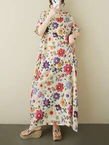 Sukienka kwiatowa, damska sukienka plażowa na wakacje, 2025 letnia sukienka dla starej matki, sukienka z handlu zagranicznego, dekolt w serek, głowa sen, kobieca sukienka z krótkim rękawem, bardzo szeroka, elegancka, oddychająca sukienka, bluzki, sukienka letnia, sukienka