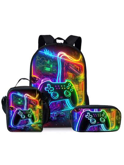 Cartoon Cool Game Controller Black Backpack Three Pieces Set
