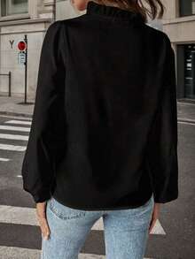 Women's Ruffled Cotton Casual Long-Sleeved Shirt, Elegant Vacation Top - 黑色 - 查看 3
