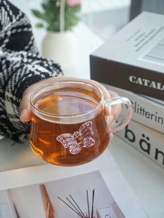 1 件套高硼硅玻璃茶壶和杯子套装，粉色蝴蝶茶杯，耐热玻璃水杯，冰咖啡杯，适用于果汁、牛奶、茶和其他饮料，适合所有季节返校