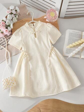 Chinese Style Girls Dress, Children Princess Party Dress With Pearl Decor, Elegant Birthday Party Dress
