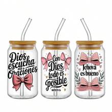 12PCS UV DTF Transfer Sticker Set - Christian Inspirational Bible Verses Themed For Glasses, Mugs & DIY Crafts, With Pink Bows Christian Phrases Design DIY Craft Transfer Paper | Elegant Transfer Paper Set | Glossy Finish - Multicolor - View 4