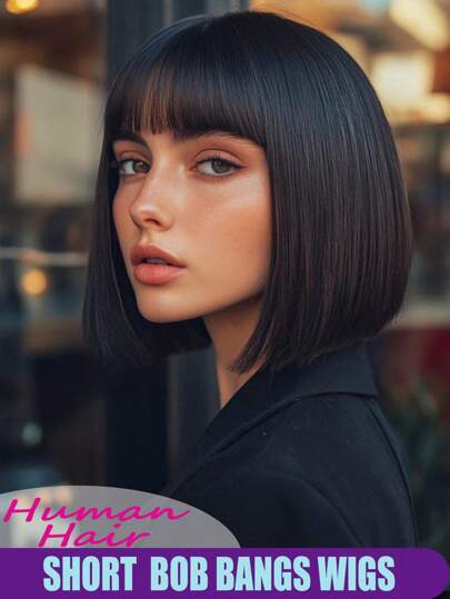 Wear And Go Human Hair Bob Wig With Bangs Straight Remy Hair Natural Black Color Wig For Women Daily Use Glueless Non Lace Wig