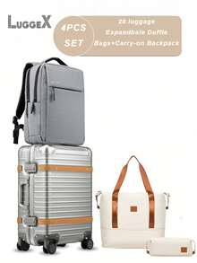 4pcs LUGGEX All Aluminum Carry On Luggage With USB Port - Hard Shell Zipperless Luggage With Wheels - Retro Meets Tech Travel (Vintage Suitcase) - 霧面銀/白棕 - 查看 2