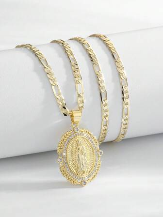 1pc Fashionable 14k Gold Plated Virgin Guadalupe Badge Charm Necklace, Elegant, Versatile Pendant Jewelry, Feather Chain Suitable For Vacation & Sports