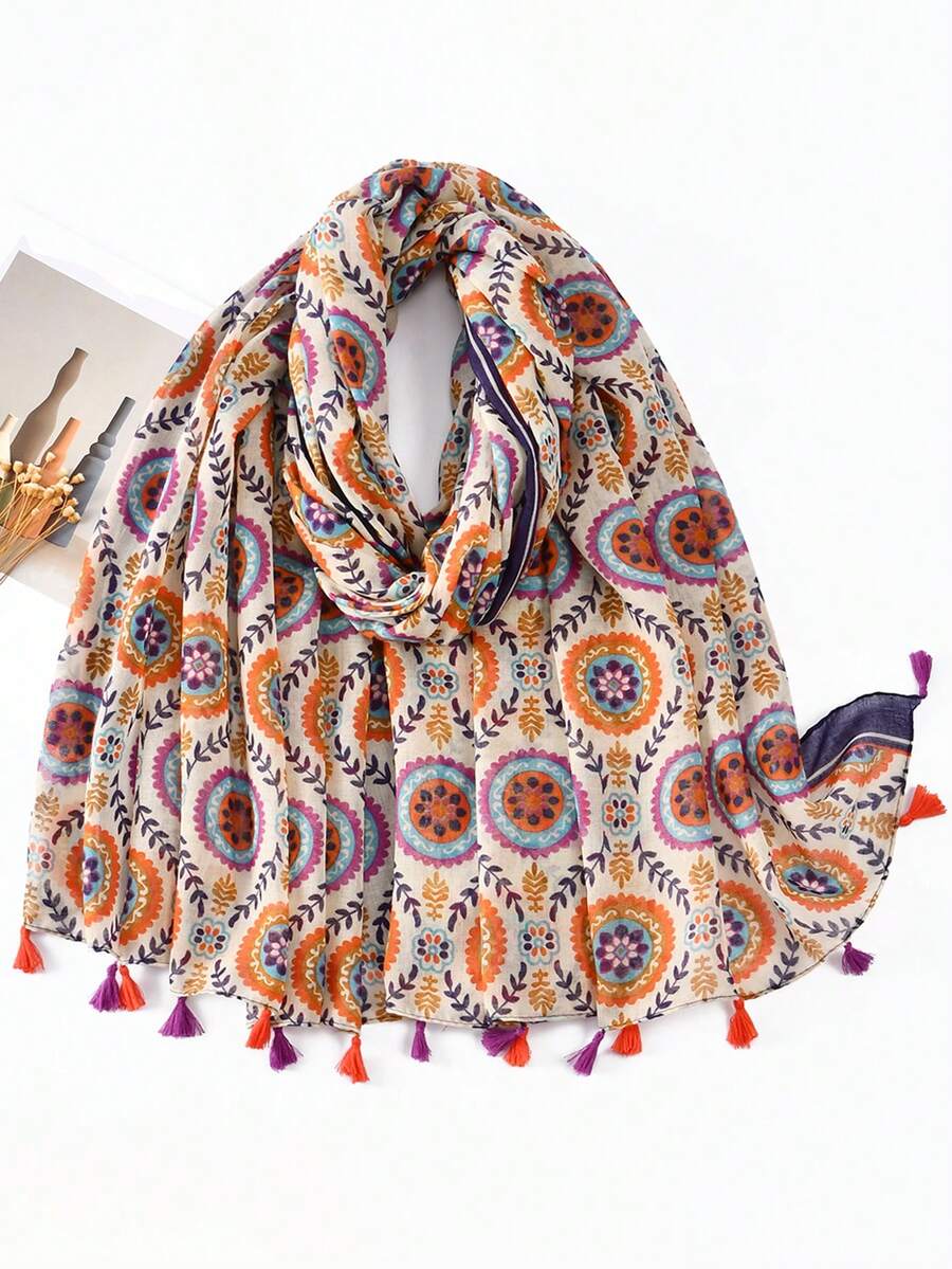 1 件女士波西米亚风圆形几何拼接雪纺防晒披肩围巾