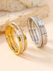 3 Pcs Luxury Zirconia Stainless Steel Ring Set, Classic & Fashionable Rings Accessory For Women