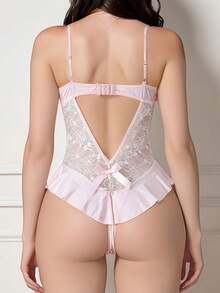 Women's Lace See-Through Ruffled Hem Pajamas With Bow Back Button Closure, Sexy One-Piece Sleepwear - Apricot - View 2