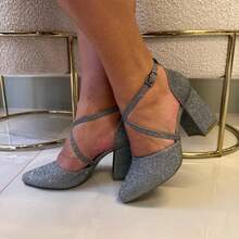 Women's Pumps Shoes Cross Straps High Heel 8 Cm Thick Shiny Elegant Original Show Show - 銀色 - 查看 1