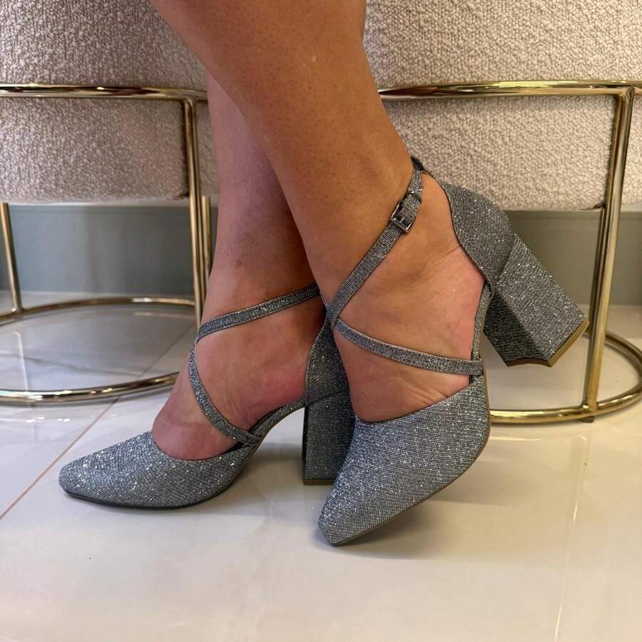 Women's Pumps Shoes Cross Straps High Heel 8 Cm Thick Shiny Elegant Original Show Show - 銀色 - 查看 1