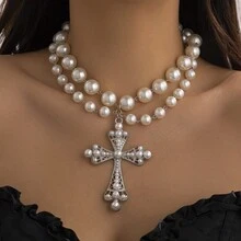 1pc Punk/Goth Style Exaggerated Faux Pearl Cross Multi-Layer Necklace For Women - Black - View 1