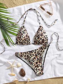 2pcs Summer Leopard Print Triangle Cup Halter Tie Side Low Waist Bikini Set - Multicolor - View 2