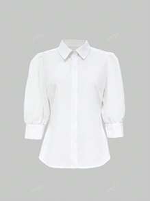 Camicia elegante di moda da donna con maniche a sbuffo monopetto, colore unito, adatta per casual/ufficio, con bottoni davanti, per primavera/estate/autunno