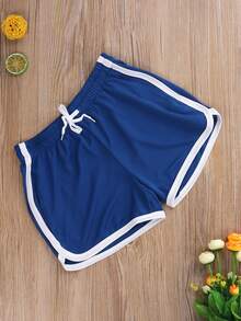 Men Summer Athletic Outfits, Color Splicing Drawstring Elastic-Waist Sports Running Shorts For Boys - Blue - View 2