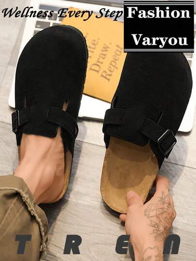 男士休闲风格拖鞋，时尚一脚蹬拖鞋，防滑耐磨纯色男士凉鞋，柔软软木舒适，适合户外、办公室穿着，春夏情侣款