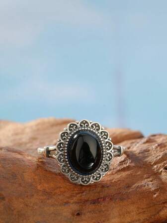 可调节 S925 银黑玛瑙戒指 9x7 毫米 哥特式花卉保护精致手工波西米亚珠宝