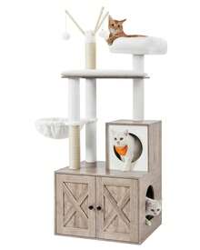 Feandrea Cat Tree With Litter Box Enclosure, 2-In-1 Modern Cat Tower, 55.1-Inch Cat Condo With Scratching Posts, Removable Pompom Sticks, Greige - Grey - View 2