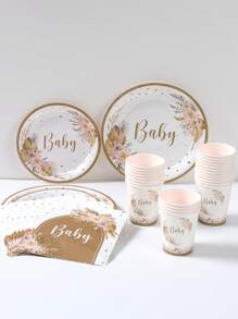 Juego desechable de vajilla de papel con decoración floral para fiesta de ducha para chicas, que incluye: 8 platos de papel de 7 y 9 pulgadas, 8 vasos de papel, 16 servilletas marrones. Suministros decorativos para fiesta de cumpleaños, revelación de género, ducha nupcial u otras celebraciones en el hogar.