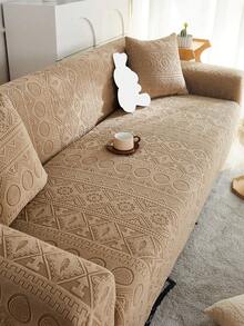 1pc Bohemian-Style Fully Enclosed Elastic Non-Slip Sofa Cover, All-Season Jacquard Velvet Universal Cover, Pet-Friendly, Dirt-Proof, And Cat-Scratch Resistant, Includes A Pillowcase. - Khaki - View 3