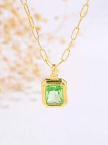 Elegant Gold Plated Alloy Synthetic Gemstone Crystal Square Pendant Geometric Cut Design Women's Pendent Necklaces For Daily & Party Occasions