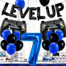30 Stücke/Set Videospiel Geburtstags Party Dekoration, beinhaltet "Alles Gute zum Geburtstag" Banner, blaue Zahl Luftballons, aufgewertete schwarze Buchstaben Luftballons, Gaming-Controller Luftballons, geeignet für 12., 18., 10., 7. Geburtstag Videospiel-thematische Partydekorationen, Innen- und Außenaktivitäten, Gamer Party Deko