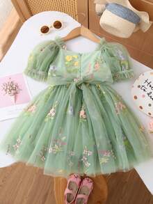 1 件女童可爱、优雅、甜美公主风格泡泡袖、蝴蝶结腰部、蝴蝶花朵刺绣、薄纱芭蕾舞短裙派对礼服、适合特殊场合的夏季沙滩裙 - 綠色 - 查看 2