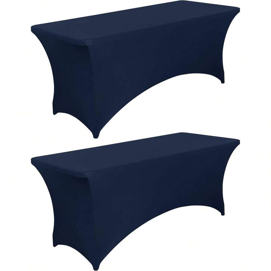6ft (Approx. 1.8m) Navy Blue Rectangular Tablecloth, 2 Pcs - Stretchy Spandex Table Cover, Suitable For Party, Outdoor Event, Massage Table, Wedding, Birthday Party - Navy Blue - View 1
