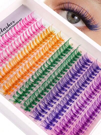 200 grappes de 5 couleurs mélangées, faux cils individuels incurvés D de 14 mm, colorés, DIY, aspect naturel, ultra doux, ultra léger, couleurs arc-en-ciel réutilisables, convient aux débutants pour une utilisation à la maison ou en déplacement pour la vie quotidienne, les fêtes, les festivals de musique et Halloween. Grappes de faux cils, faux cils individuels, faux cils.