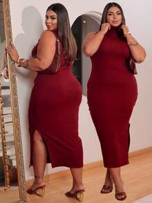 Women's Plus Size Long Dress With Side Slit And Premium Ribbed Rib - Maroon - View 7