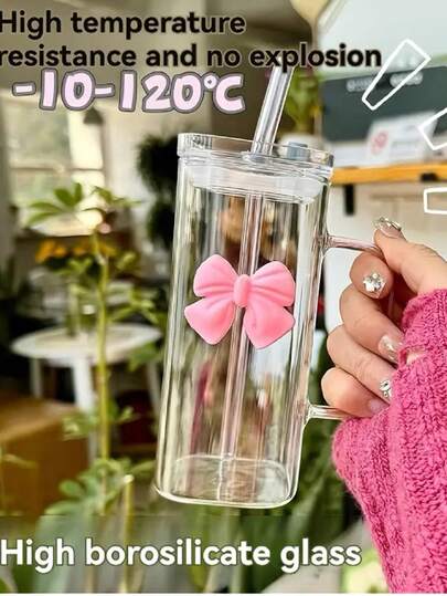 1pc Large Capacity Glass With Lid & Straw, Bow Decoration, Coffee Cup, Clear Glass, Breakfast Cup, Milkshake Cup, Juice Cup, Milk Cup, Drinking Cup, Latte Cup, Italian Espresso Cup, Cappuccino Cup, Latte Cereal Yogurt Drink Cup,Back-To-School Season, Dorm Supplies