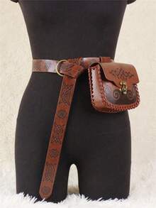 Bộ 2 món: Thắt lưng hiệp sĩ Viking và túi đeo hông giả da họa tiết Celtic cổ điển - Túi đeo hông màu nâu vintage với khóa đồng thau, phong cách thời Trung cổ Phục hưng, trang phục Viking, LARP, đạo cụ cosplay. - màu nâu - Xem 4