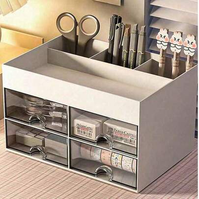 1pc Desk Storage Box, With 4 Drawers, Desktop Pen Card Package Storage Box, Suitable For Desks, Cosmetic Storage Boxes, Office Supplies Desktop Accessories, Suitable For Offices, Families, Schools., Back To School, School Supplies, Pencil Case, Pencil Pouch, School Bag