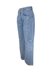 Jeans de cintura alta y recto para mujeres - jeans de piernas anchas sueltas, con bolsillos, elásticos, cómodos, casuales y vaqueros casuales para mujeres - Azul lavado medio - Ver 10