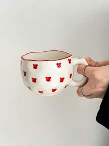 1pc Handpainted Asymmetrical & Asymmetric Ceramic Mug, High-Aesthetic Line Art Devil & Bear Style, Large Capacity Drink Cup For Home, Breakfast, Milk, Coffee, Graduation, Birthday, Holiday Gift For Girlfriend/Boyfriend