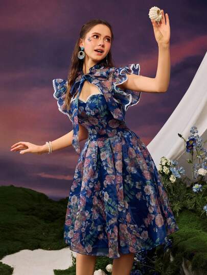 Faeriesty 公主美人优雅心形领口 A 字形蝴蝶袖连衣裙 - 飘逸的春夏连衣裙，适合白天聚会、野餐、早午餐约会、公园漫步、休闲外出